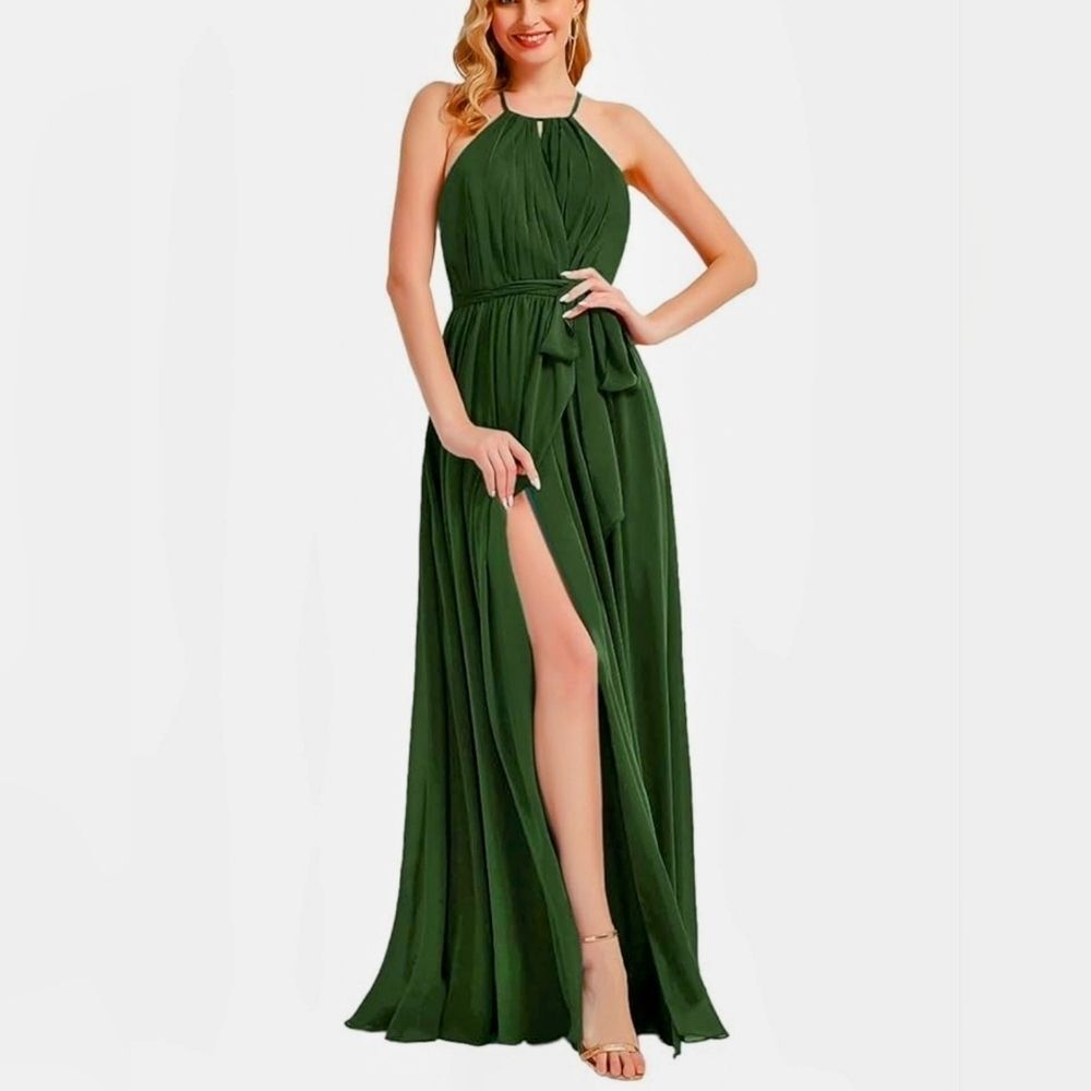 Elegant Olive Green Grecian-inspired Chiffon Gown. Pockets!